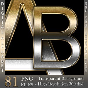 Gold and Silver Chrome Digital Alphabet, Luxury Letters & Numbers, Metallic, PNG files, Instant download, graphics for commercial use