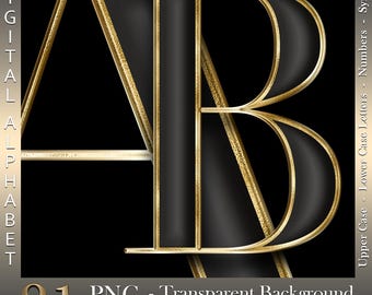 Black & Gold Glitter Digital Alphabet: PNG Letters, Numbers, Symbols (Instant Download)