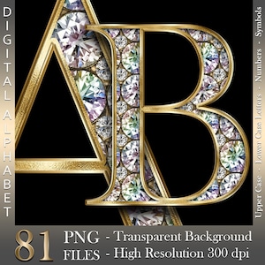 Diamanten in gold, Digitales Alphabet, Glam gold Clipart, Diamant Buchstaben, Sparkle Buchstabe, Zahlen, PNG Dateien, digitaler Download