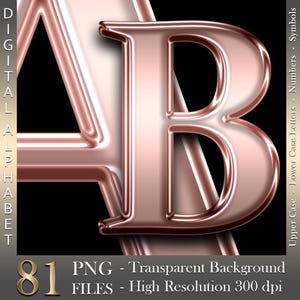 Roze chroom, Digitaal alfabet, Luxe letters en cijfers, Babyroze, Hoge glans, PNG-bestanden, Instant download