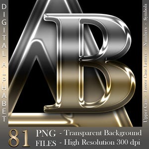 Gold and Silver Chrome Digital Alphabet, Luxury Letters & Numbers, Metallic, PNG files, Instant download, graphics for commercial use