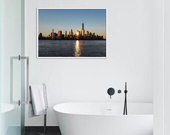 Impresión de lienzo del horizonte de la ciudad de Nueva York del amanecer, decoración de arte de la pared del ministerio del interior, regalo de inauguración y jubilación, Hoboken, horizonte de Manhattan, Nueva York