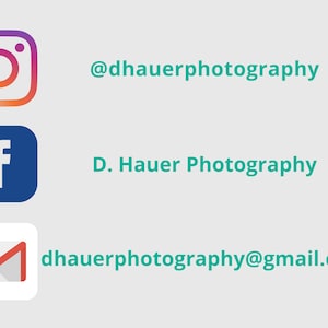 May include: Social media icons for D. Hauer Photography, including Instagram, Facebook, and email. The Instagram icon is a colorful camera, the Facebook icon is a blue 'f', and the email icon is a red envelope.