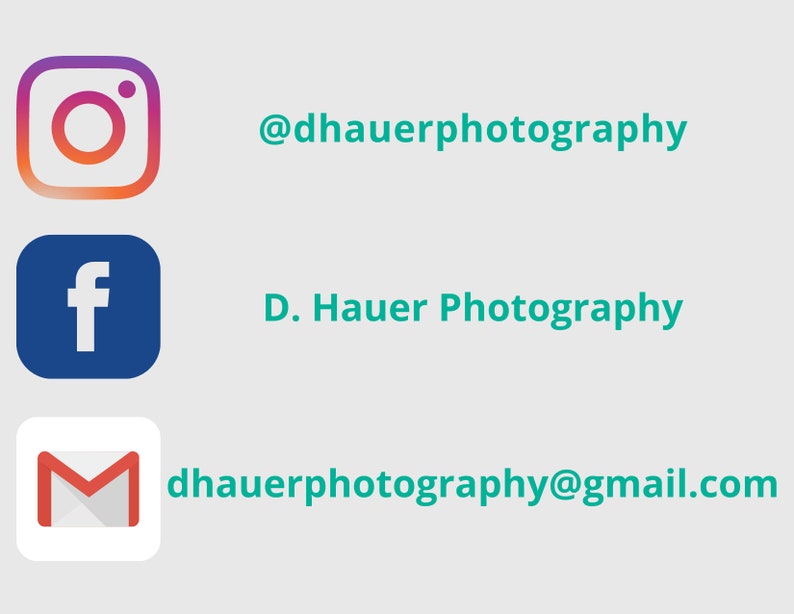 May include: Social media icons for D. Hauer Photography, including Instagram, Facebook, and email. The Instagram icon is a colorful camera, the Facebook icon is a blue 'f', and the email icon is a red envelope.