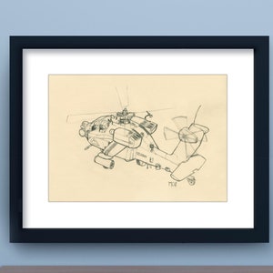 May include: A black and white pencil drawing of a helicopter. The helicopter is drawn in detail, with visible blades, a cockpit, and landing gear. The drawing is signed "MCR".