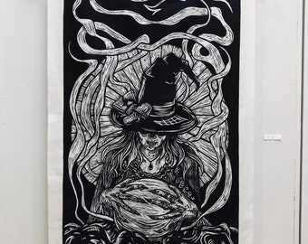 The Seer - Woodcut on Muslin Tapestry wall hanging