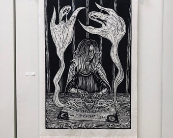 The Spiritualist - Woodcut on Muslin Tapestry wall hanging