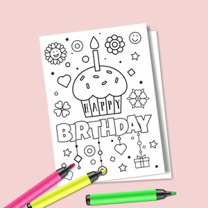 Téléchargement instantané carte de coloriage d'anniversaire, carte de voeux numérique Cupcake, carte de voeux à colorier, carte Cupcake, carte de joyeux anniversaire
