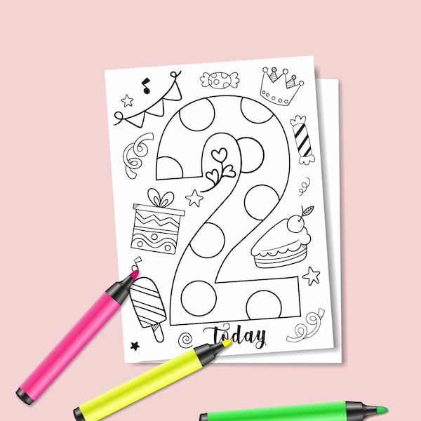 Instant Download Two Today Birthday Card, Digital Greeting Card, Coloring Greeting Card, 2nd Birthday Card, Happy Birthday Card, Kids Bday