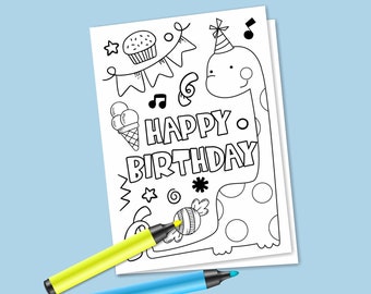 Téléchargement immédiat carte d&#39;anniversaire à colorier, carte de voeux numérique dinosaure, carte de voeux à colorier pour enfants, carte à colorier dinosaure, joyeux anniversaire