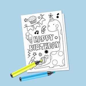 Téléchargement immédiat carte d'anniversaire à colorier, carte de voeux numérique dinosaure, carte de voeux à colorier pour enfants, carte à colorier dinosaure, joyeux anniversaire