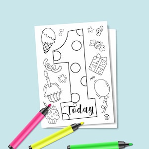 Téléchargement instantané One Today Birthday Card, Digital Greeting Card, Coloring Greeting Card, 1st Birthday Card, Happy Birthday Card, Kids Bday
