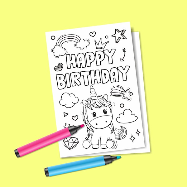 Instant Download Birthday Coloring Card, Digital Unicorn Greeting Card, Coloring Greeting Card, Rainbow Coloring Card, Happy Birthday Card