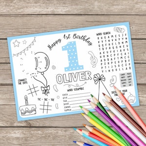 Afdrukbare Big ONE-verjaardagplacemat, kinderactiviteitentafelmat, B-dagtaart kleurplaten, verjaardagsknutsel, activiteitenpagina, afdrukbare placemat