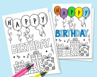 Digital Birthday Coloring Card, Happy Birthday Greeting Card, Coloring Greeting Card, Balloons Coloring Card, Happy Birthday Card