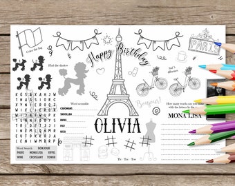 Printable Paris Birthday Placemat, Kids Activity Table Mat, Birthday Cake Coloring Sheets, Birthday Craft, Activity Page, Printable Placemat