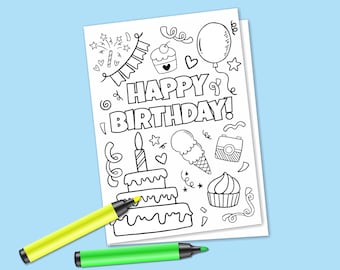 Instant Download Birthday Coloring Card, Digital Greeting Card, Coloring Greeting Card, Colouring Card, Happy Birthday Card, Birthday Cake