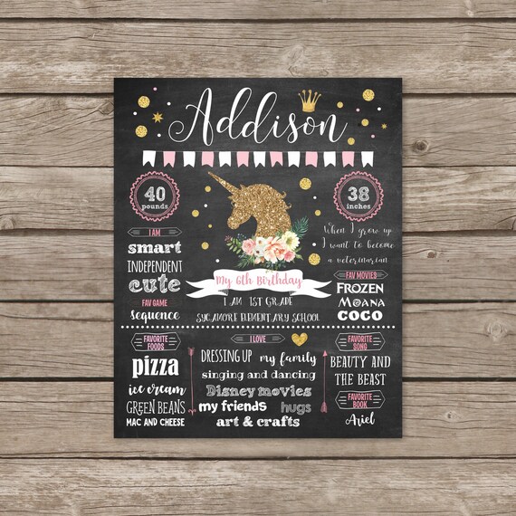 Golden Unicorn Birthday Chalkboard Glitter Chalkboard Girl Etsy