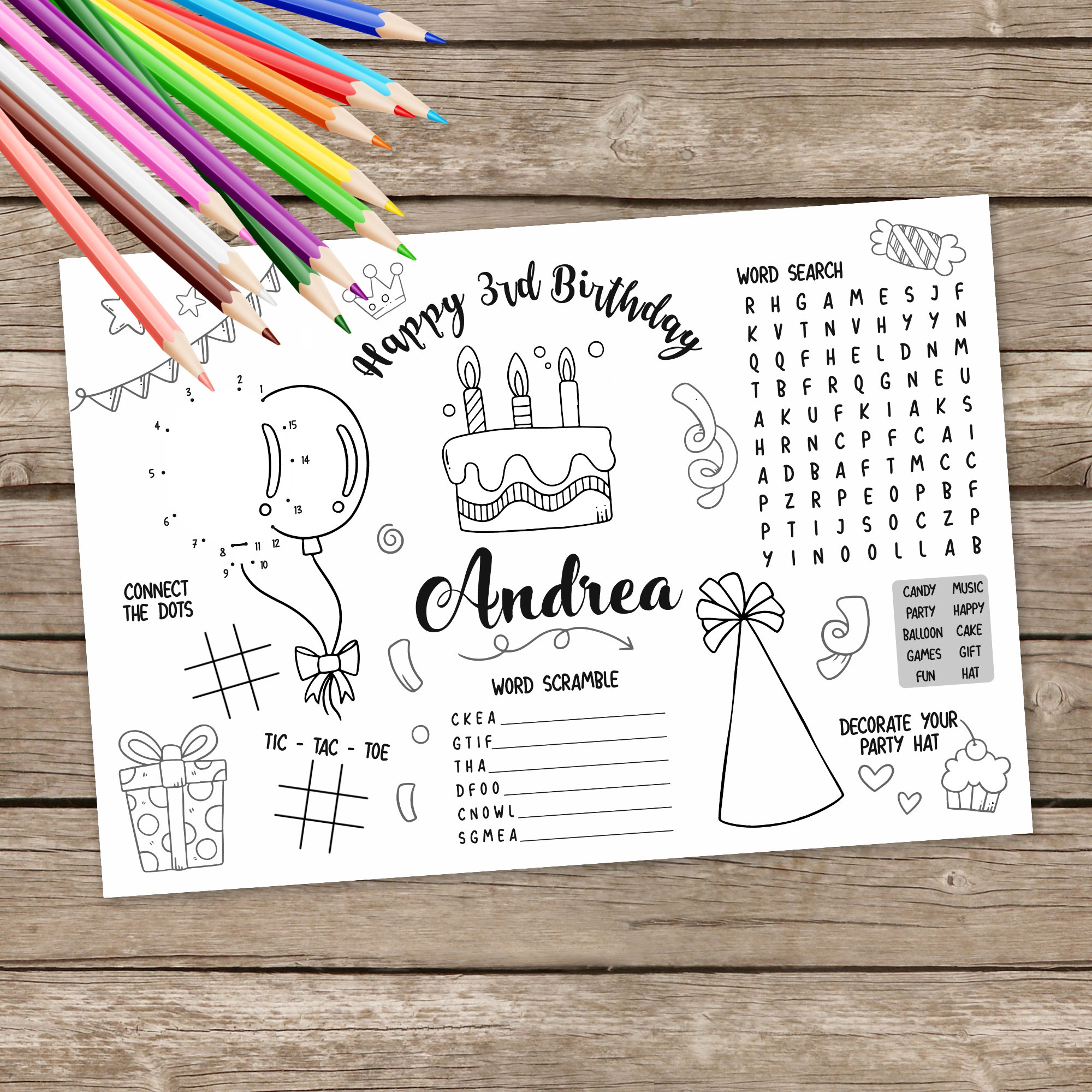 Afdrukbare verjaardag placemat kinderen activiteit tafel mat Etsy