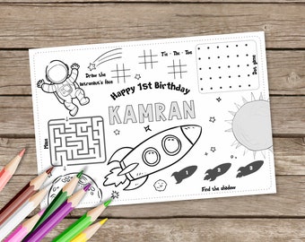 SPACE Birthday Coloring Place mat, Astronaut Party Activity,  Personalized, Printable, Party favors, Party Decorations, Digital files