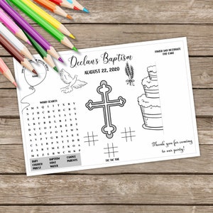 Baptism Coloring, !st Communion Place Mat, Printable Birthday Page, Activity Table Mat, Personalized