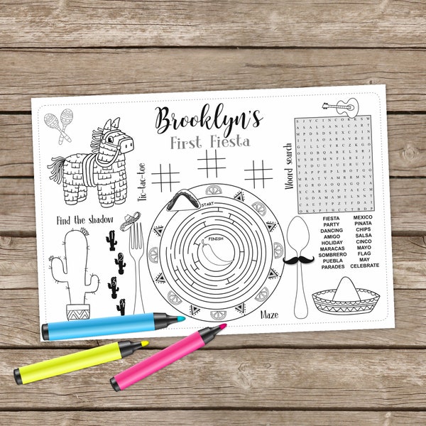 Digital Fiesta Birthday Coloring, 1st Fiesta Place mat, Kids Activity Table Mat, Fiesta Party Printable Sheet, Birthday Craft, Activity Page