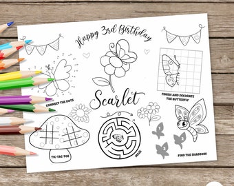 Printable Birthday Place mat, Kids Activity Table Mat, Butterfly Party Coloring Sheets, Secret Garden Craft, Activity Page, Digital Placemat