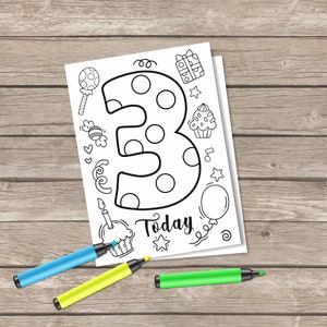 Instant Download drie vandaag verjaardagskaart, digitale wenskaart, kleuren wenskaart, 3e verjaardagskaart, Happy Birthday Card, Kids Bday