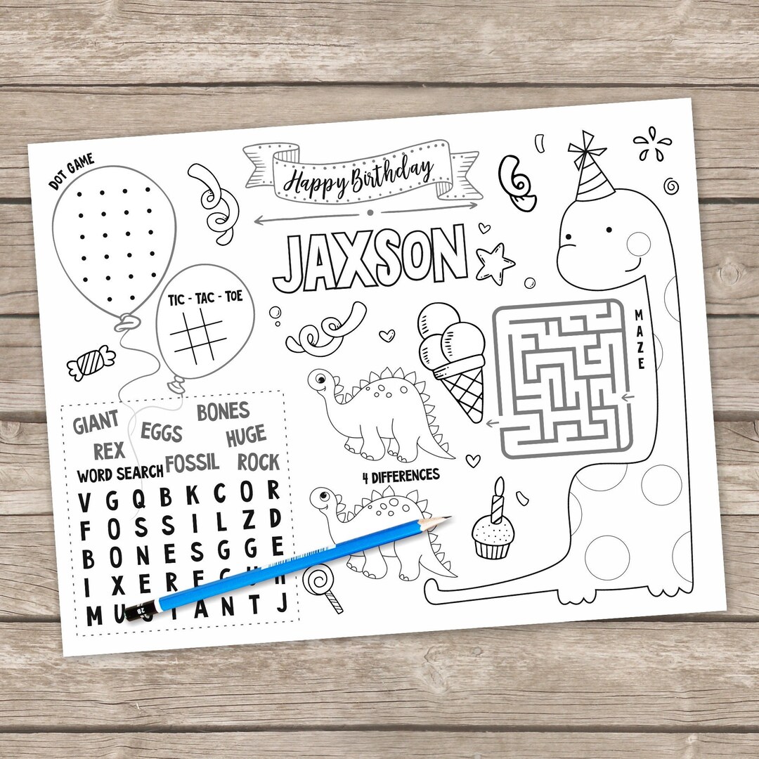 Printable Dinosaur Coloring Placemat, Kids Dinosaurs Activity Table Mat ...