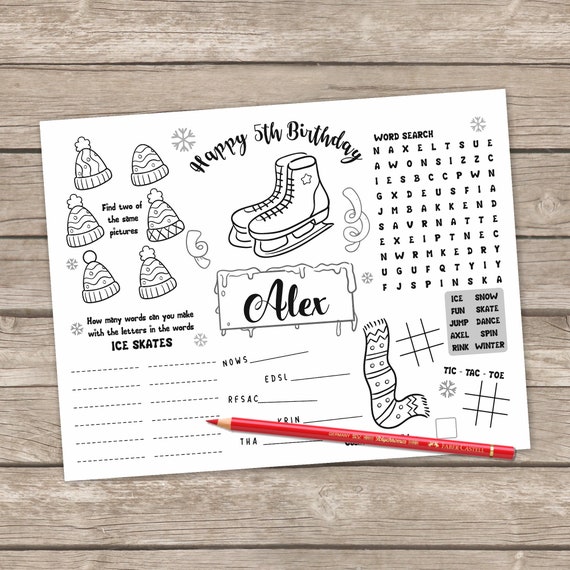 Ice Skating Birthday Coloring Skating Place Mat Kids Etsy