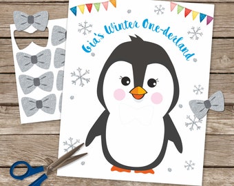 Digital Penguin Pin the Tail Game, Pin the Bow Printable Game, Winter Birthday Game, Party Game, Snowflake Birthday Party, One-derland