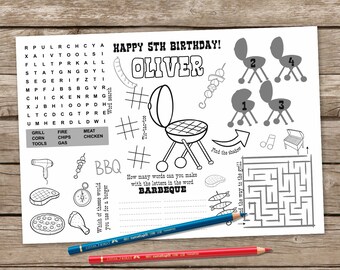 BBQ Birthday Coloring, Barbeque Place mat, Kids Activity Table Mat, Birthday Printable Sheet, Birthday Craft, Activity Page