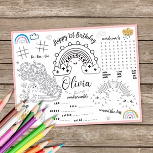 Rainbow Birthday Coloring Place mat, Party Activity, Personalized, Printable, Party favors, Party Decorations, Digital files