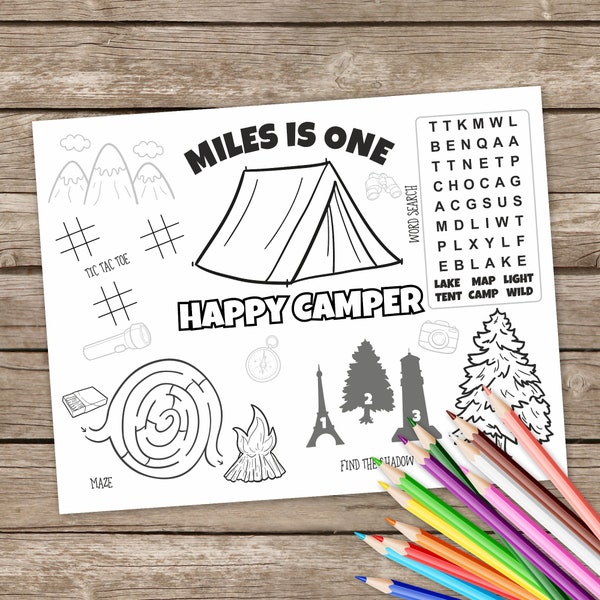 Digital Happy Camper Coloring Placemat, Camping Kids Activity Table Mat, One Happy Camper Printable, Birthday Craft, Birthday Place mat