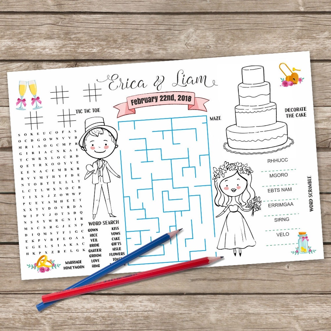 Printable Wedding Placemat Kids Coloring Activity Table Mat | Etsy