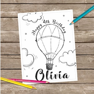 Disegni da colorare di mongolfiera digitale, Disegno da colorare di 1ª festa di compleanno stampabile, Attività di compleanno, Tovaglietta per bambini, Tovaglietta da colorare