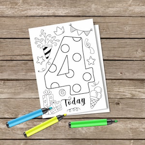 Instant Download Four Today-verjaardagskaart, digitale wenskaart, wenskaart kleuren, 4e verjaardagskaart, gelukkige verjaardagskaart, verjaardag kinderen