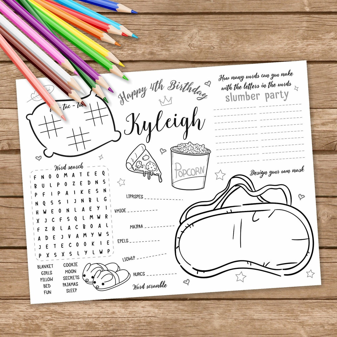 Sleepover Coloring Place Mat, Digital Pajama Party Activity, Slumber ...