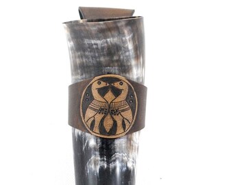 Viking drinking horn with tooled leather holder