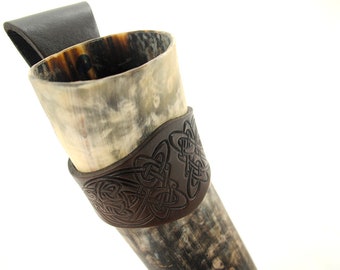 Viking drinking horn with embossed leather holder