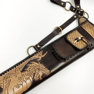 Leather side quiver DRAGON with adjustable strap and pouch