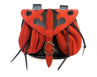Medieval belt bag with pouches and decorated flap