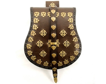 medieval pear-shaped viking leather purse with brass fittings, replica of Karos (Hungary) finding