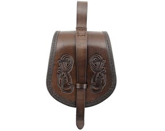 Scale shaped early medieval leather belt pouch. Smaller version.