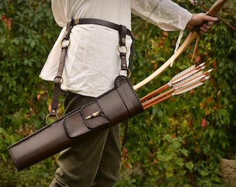 Leather side quiver with adjustable strap and pouch