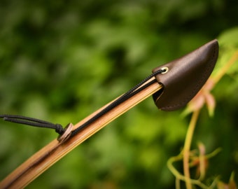 Leather bow tip protector and bowstring holder - one side