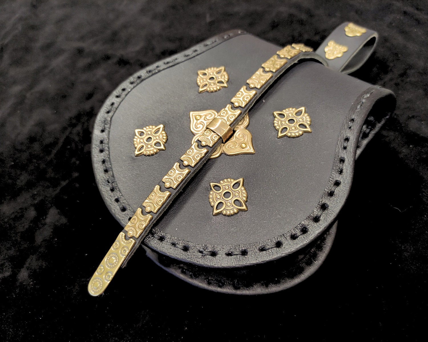 medieval pear-shaped viking leather purse with brass fittings, based on Przemyśl finding