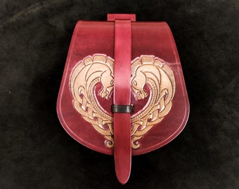 Leather belt pouch - horses, celtic, fantasy, Rohan style