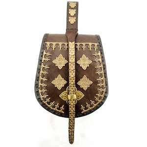 medieval scale-shaped viking leather purse with brass fittings, replica of Jamtland finding