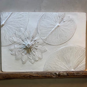 botanical bas relief water lily plaster wall art 15 1/4”x10 1/2” 7 finishes to choose from.  PLEASE specify horizontal or vertical hanger